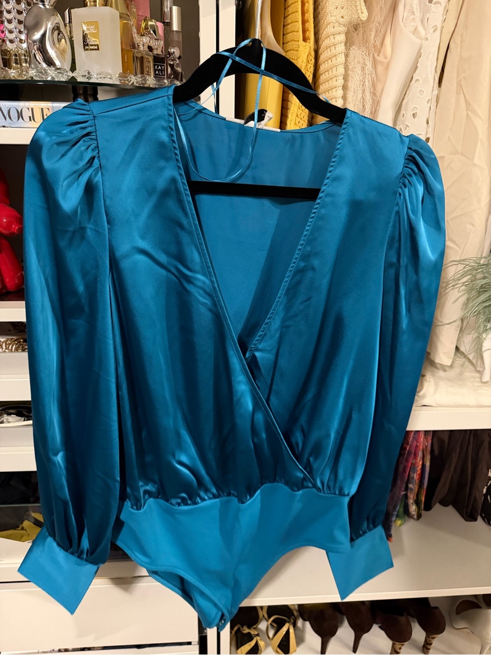 Teal Satin V-Neck Puff-Sleeve Bodysuit